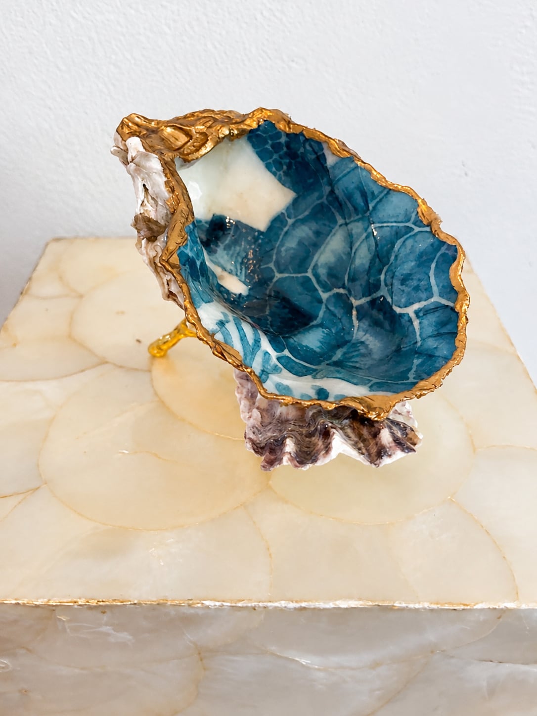 Blue Floral Oyster-Shell Trinket Dish