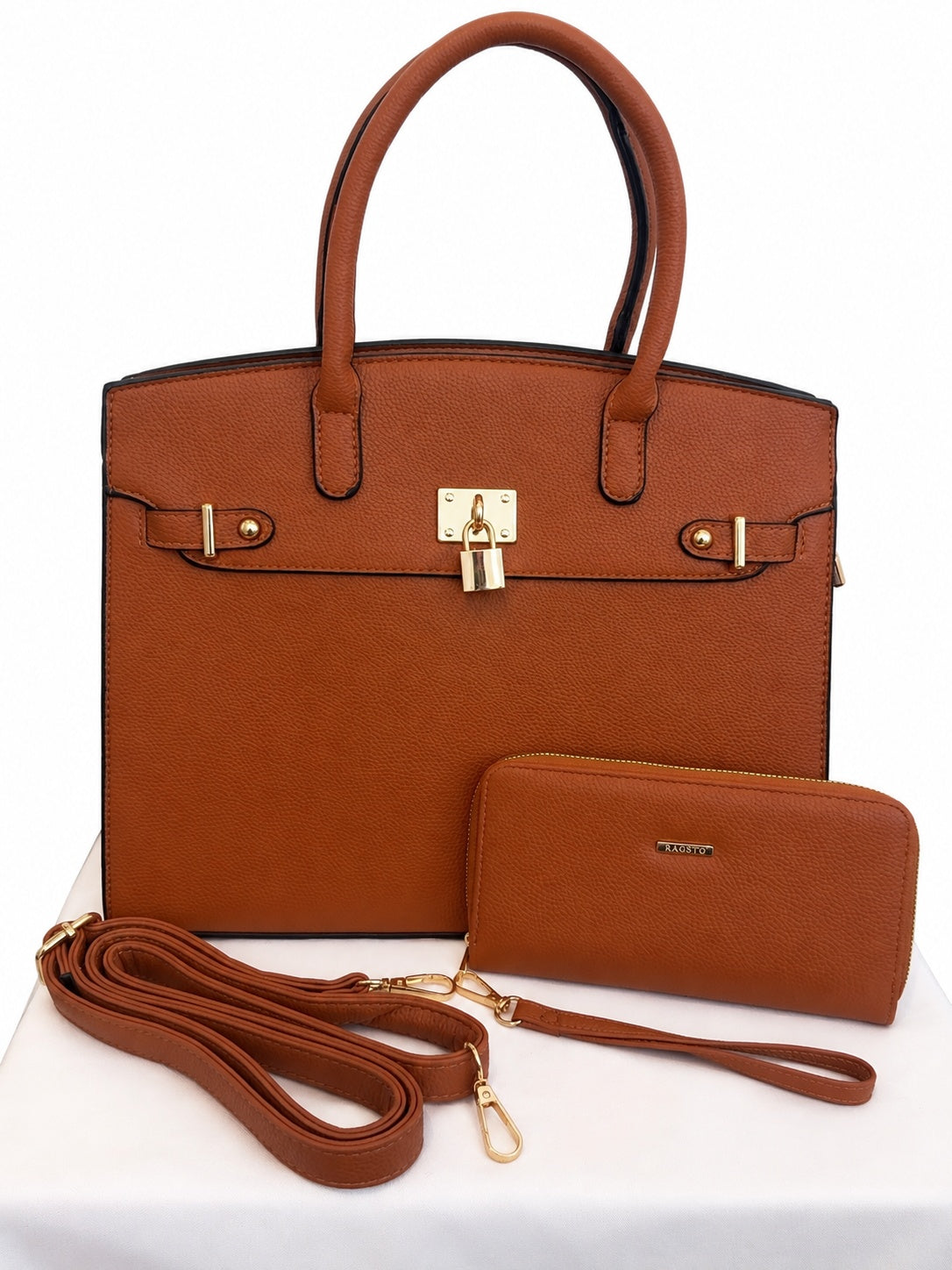 Cognac Handbag with Matching Wristlet and Strap