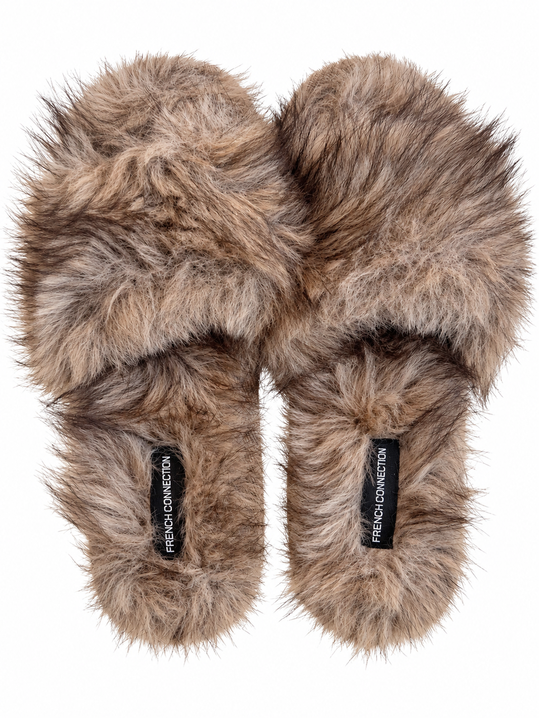 Light brown faux fur crossover slippers, French Connection, size medium