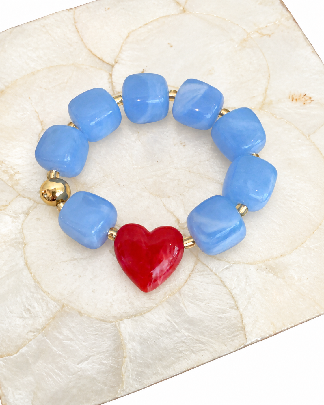 Blue Chunky Bead Stretch Bracelet with Red Heart
