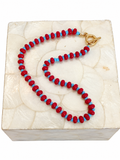Red Bead Necklace with Blue Accents and Gold-Tone Toggle