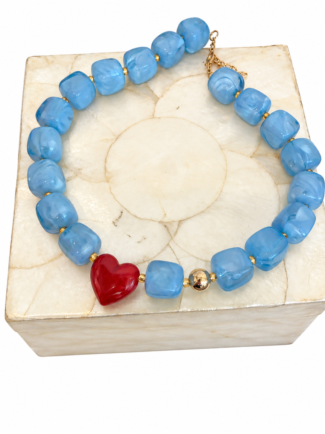 Blue Chunky Bead Necklace with Red Heart