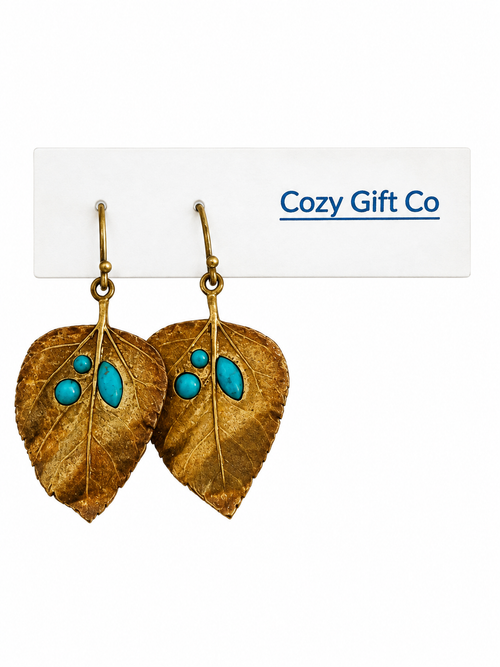 Antique Bronze Leaf Earrings with Turquoise-Color Stones