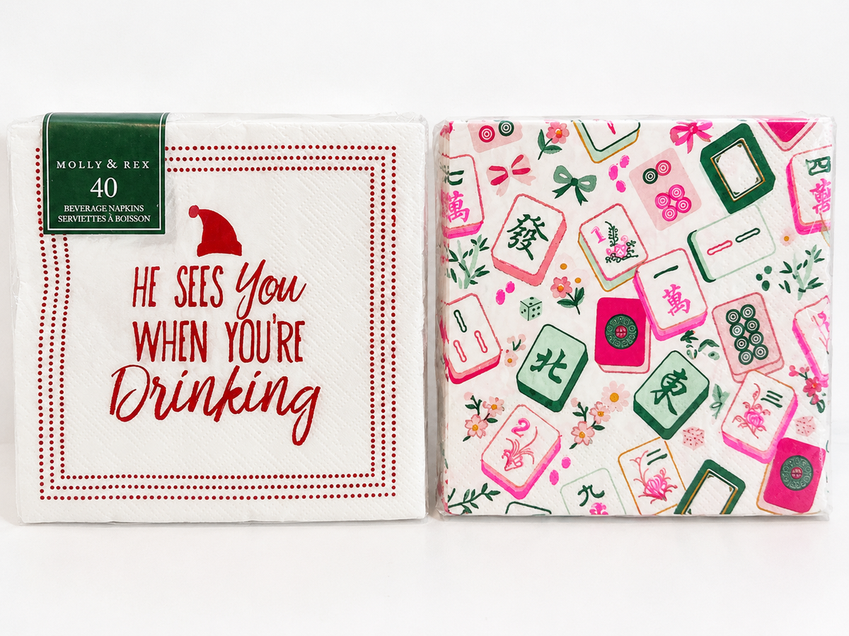 Molly & Rex 'He Sees You When You're Drinking' and mahjong tile beverage napkin packs