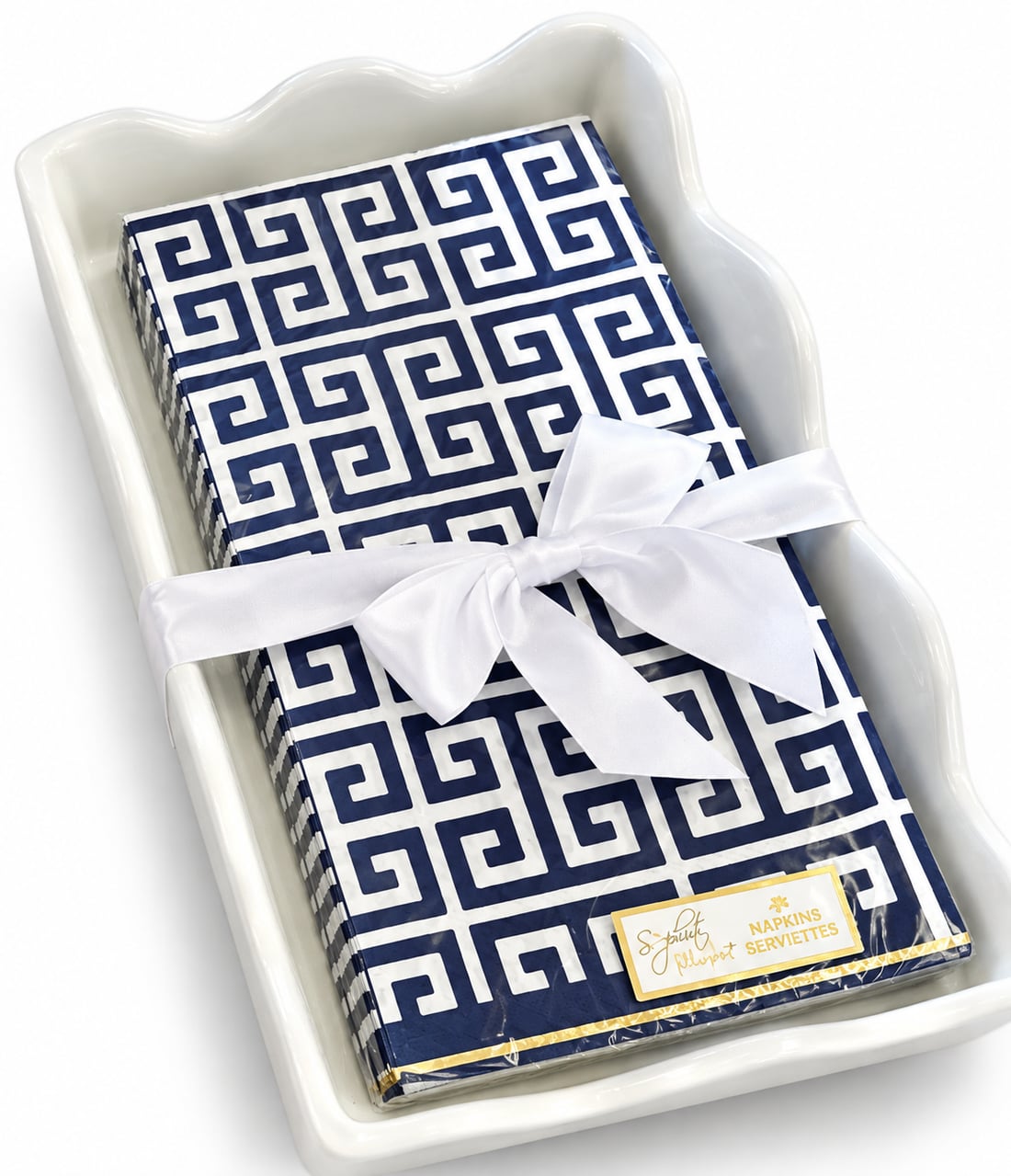 White Ceramic Tray & Navy Napkin Set