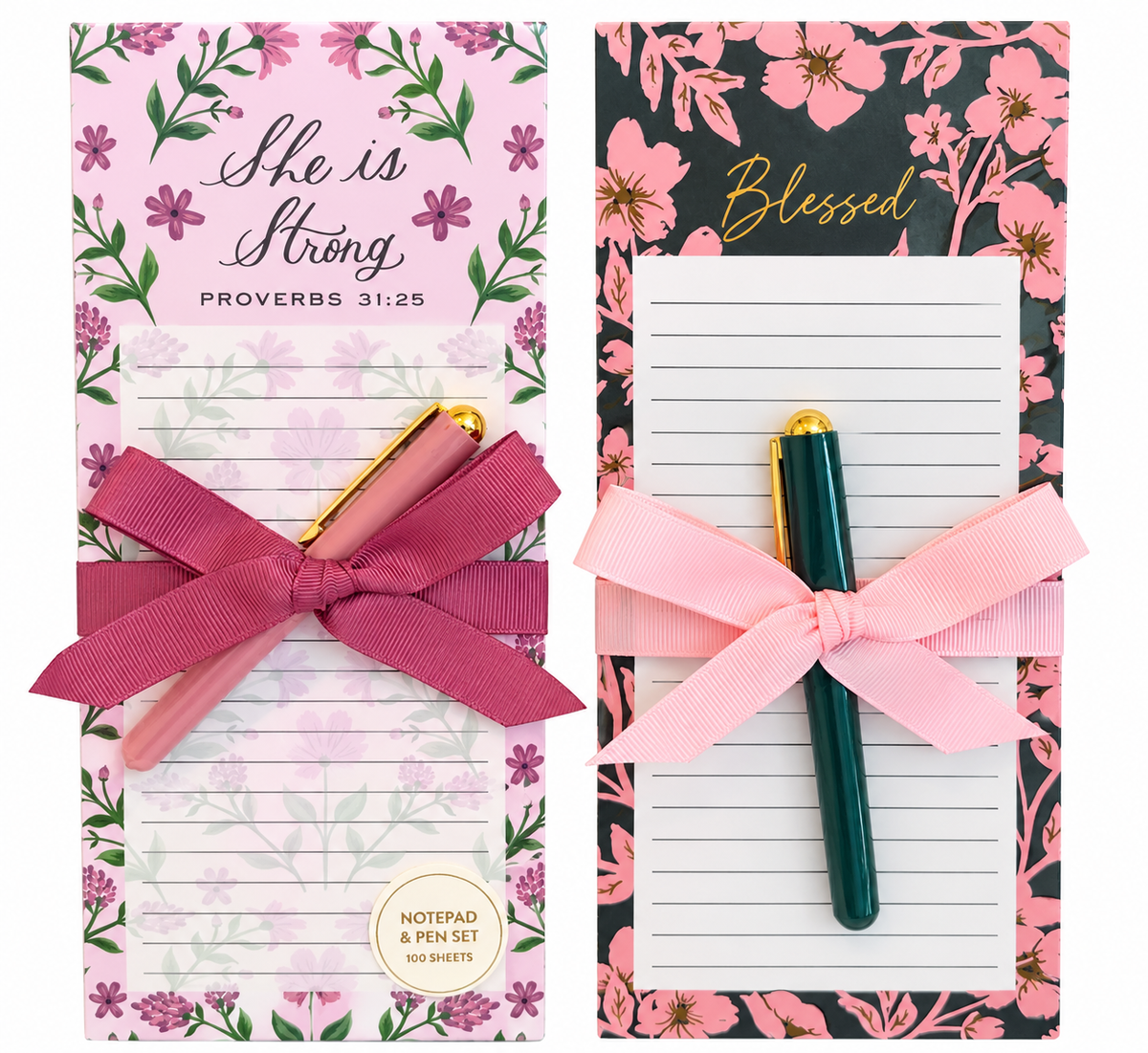 Two floral notepad and pen gift sets, She is Strong and Blessed
