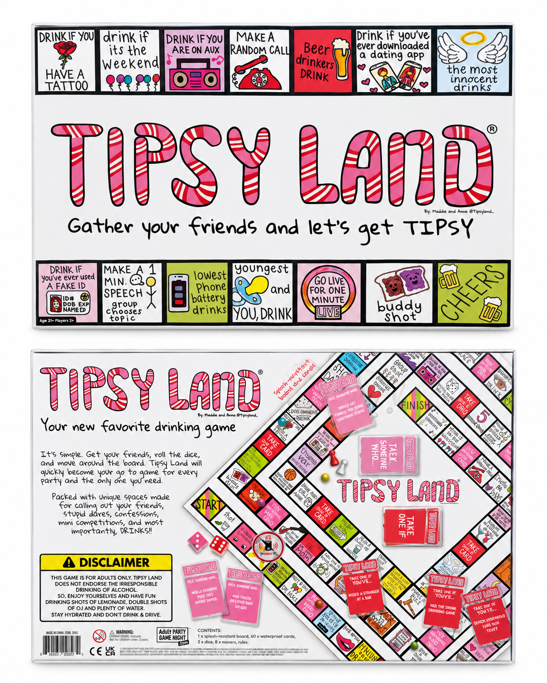 Tipsy Land drinking board game box, front and back