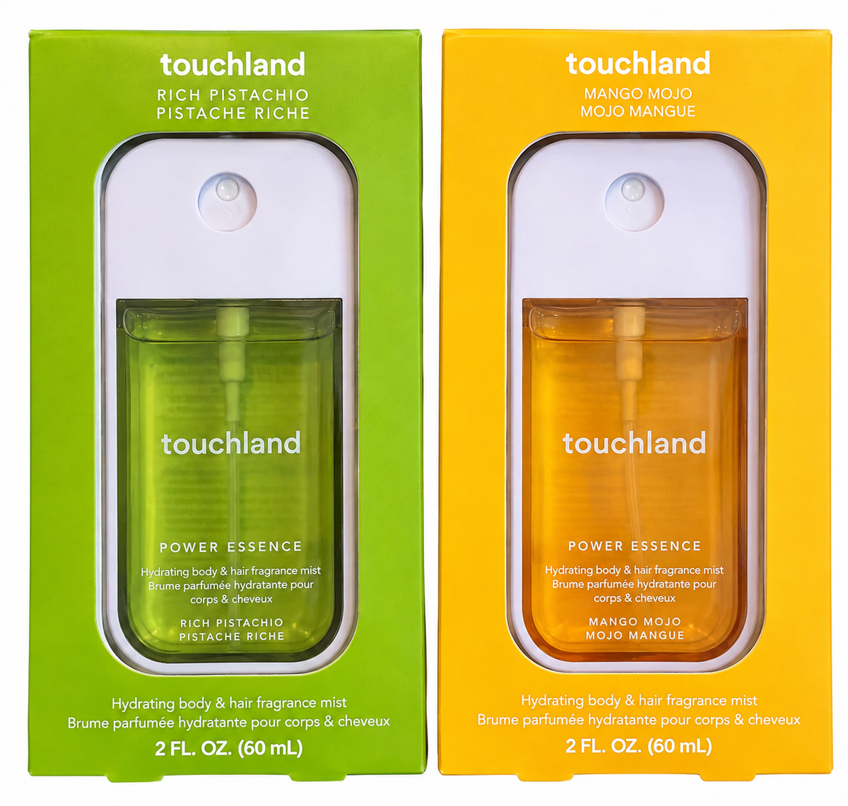 Touchland Power Essence body and hair fragrance mists in Rich Pistachio and Mango Mojo boxes