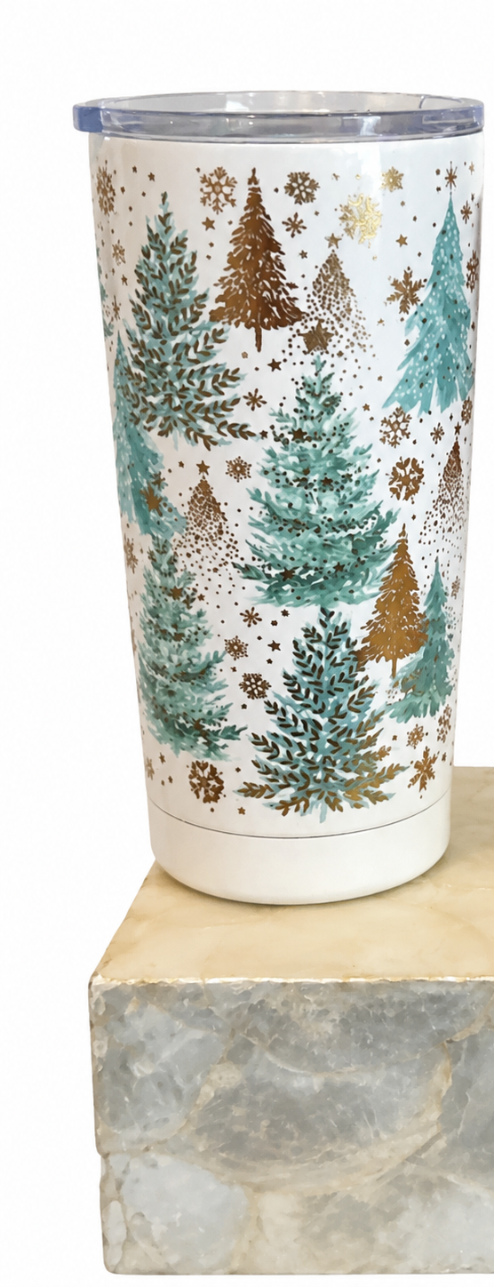 Teal and gold Christmas tree tumbler with lid