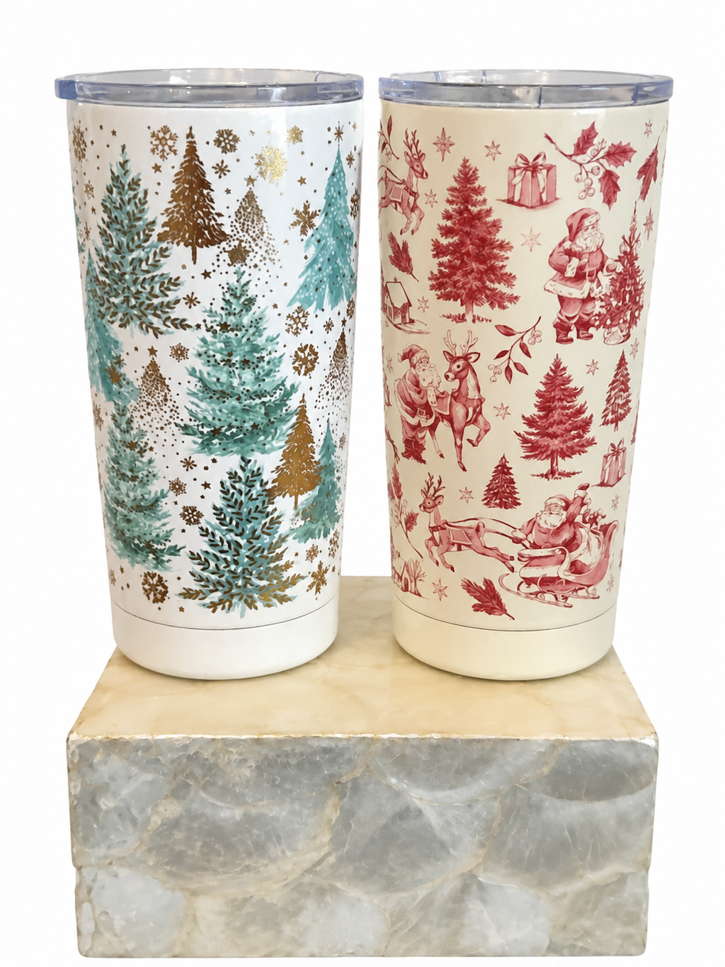 Two 20 oz holiday tumblers with lids, teal and gold trees and red Santa toile