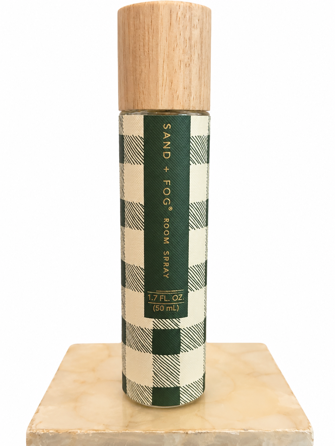 Sand + Fog Winter Citrus Spice room spray with green plaid design and wood cap